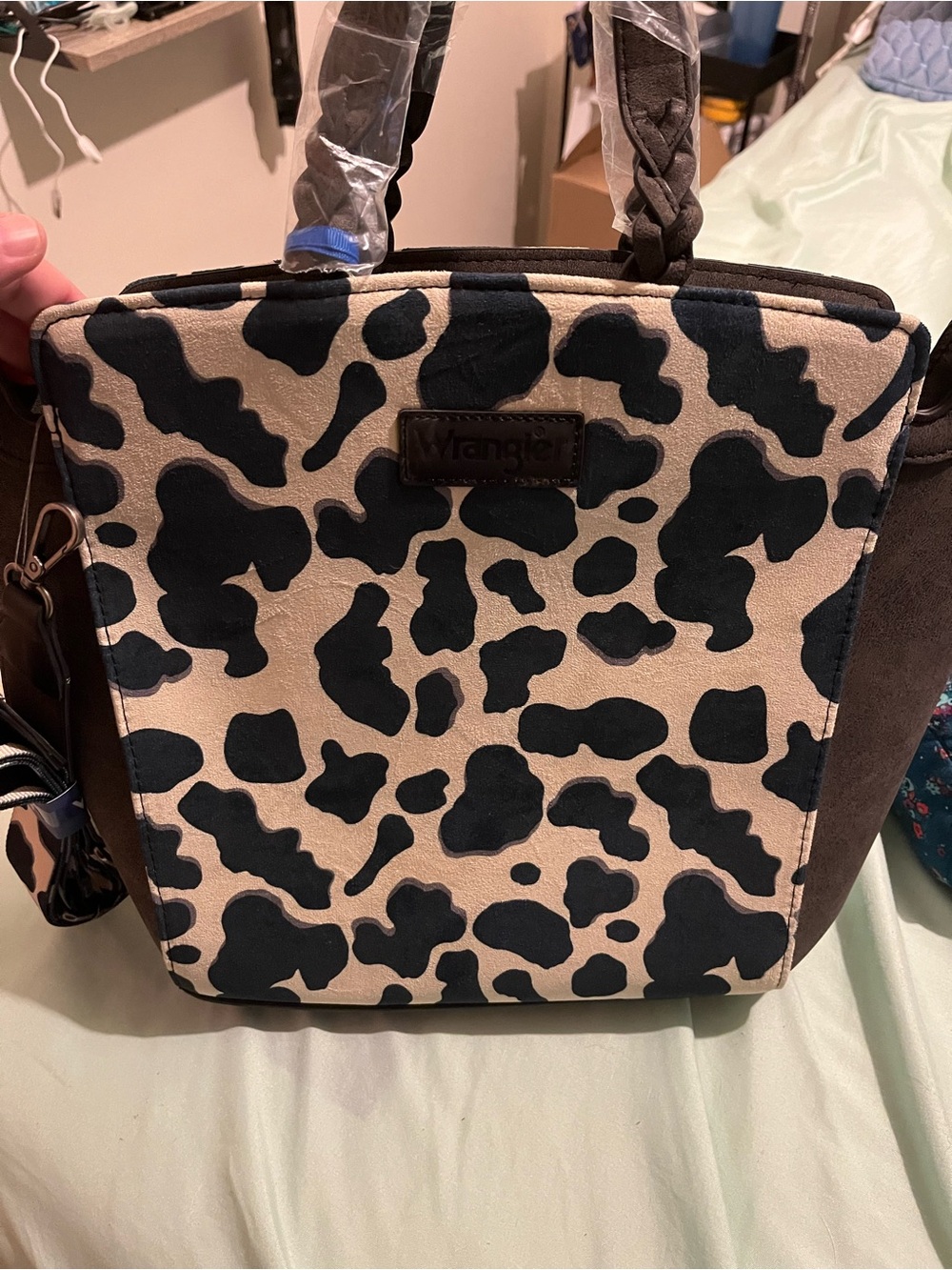 Wrangler Black and Cream Cowhide-Style Tote